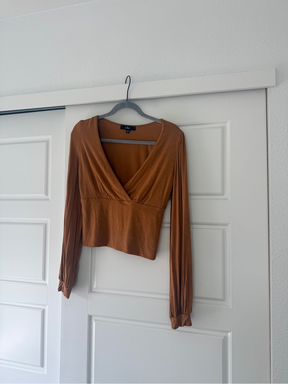 Lulu's Rust Brown Surplice Long-Sleeve Crop Top